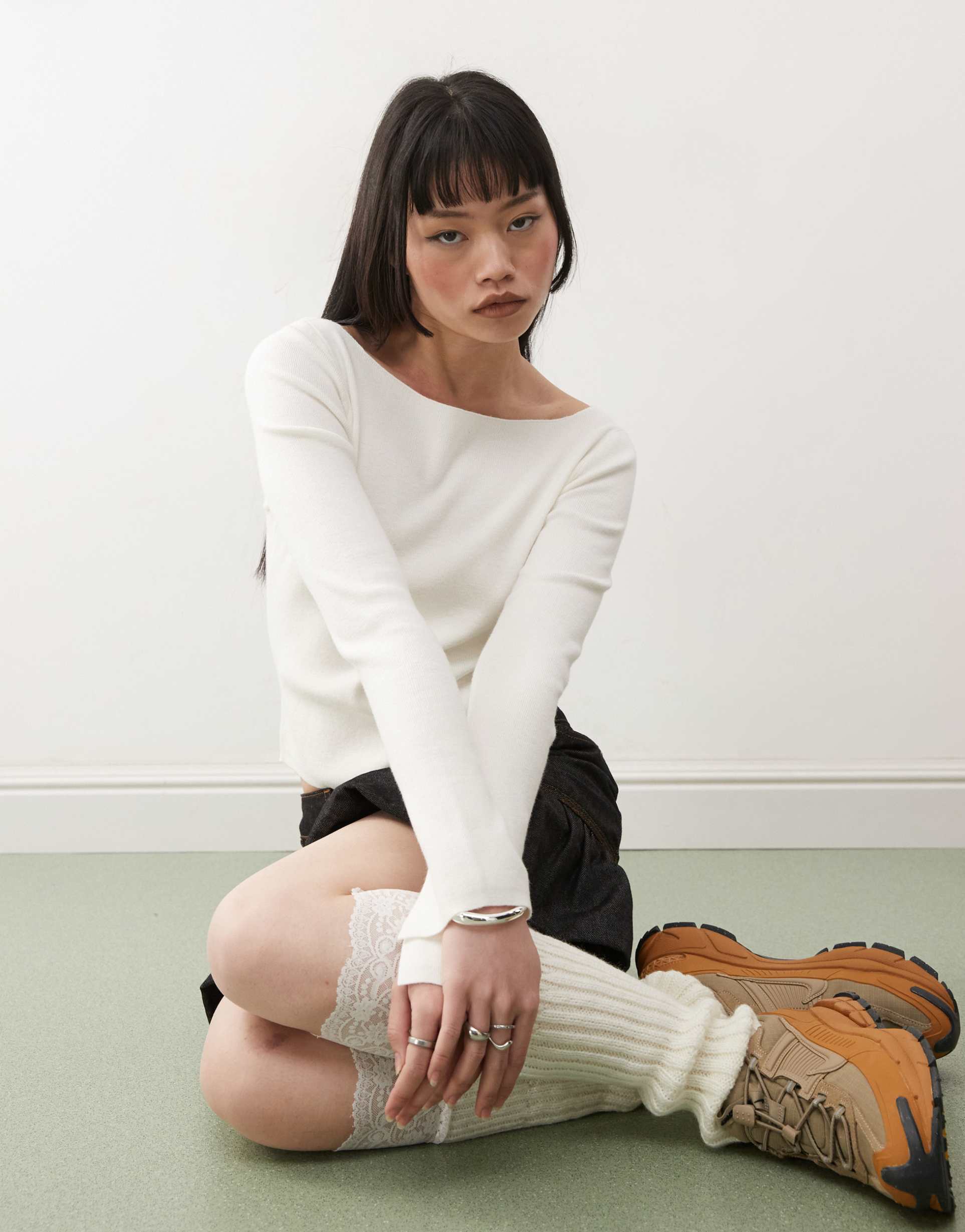 collusion ribbed slash neck fine gauge sweater in ecru