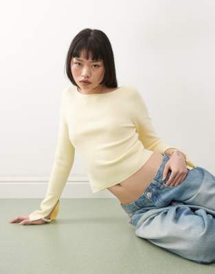 ribbed slash neck fine gauge sweater in yellow-Blue