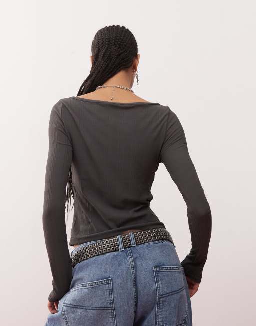 COLLUSION ribbed slash neck long sleeve top in grey