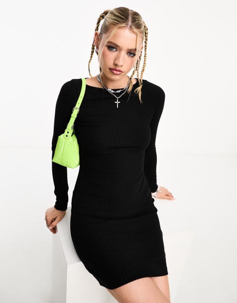 COLLUSION ribbed slash neck mini dress in black - view 1