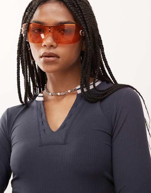 COLLUSION ribbed sporty long sleeve top in navy