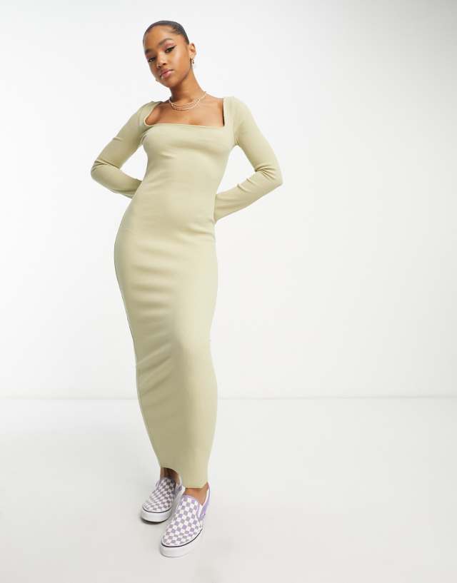 COLLUSION ribbed square neck long sleeve maxi dress in green