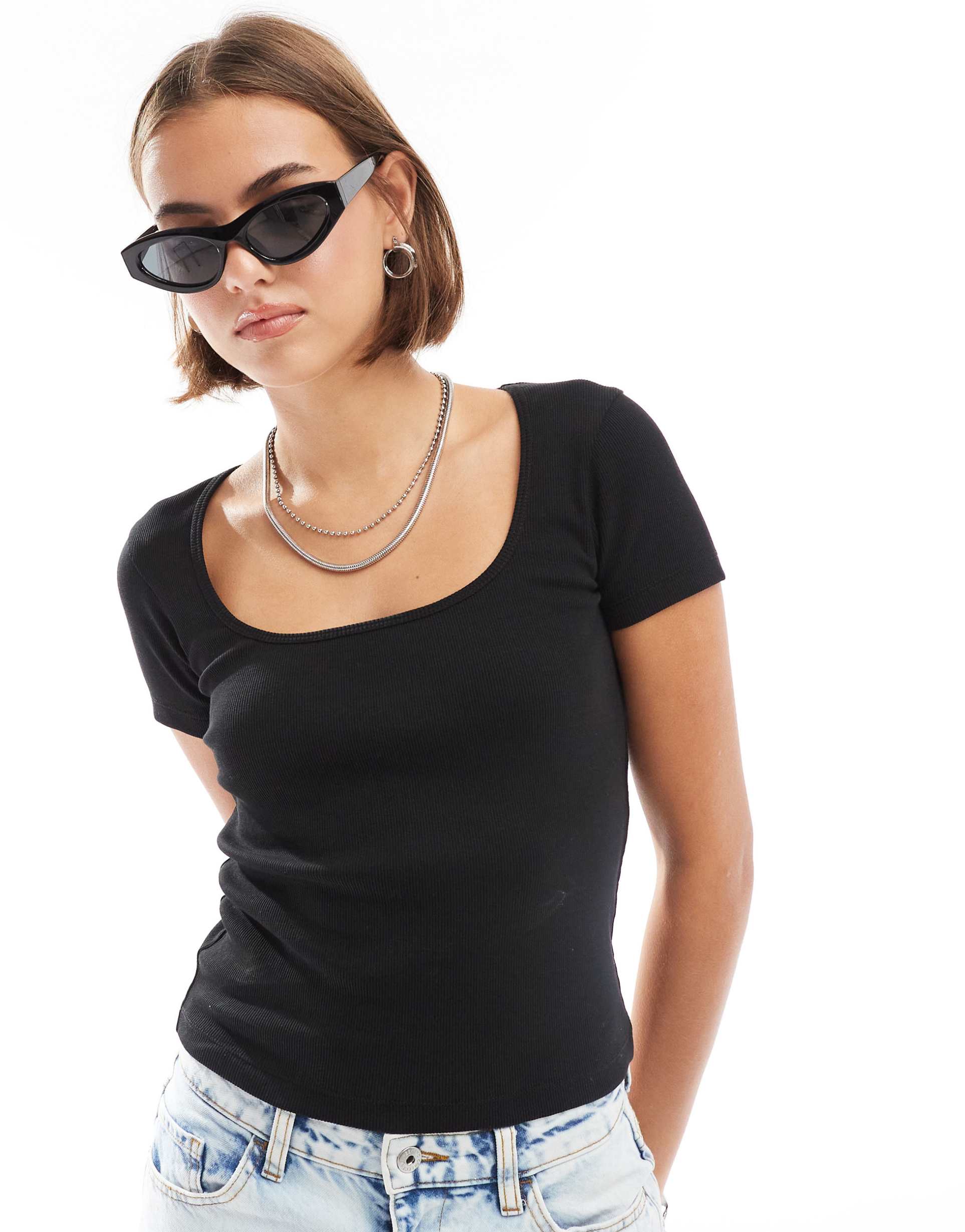 collusion ribbed square neck top in black