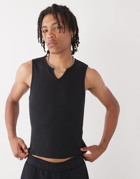 COLLUSION Ribbed tank top in black with notch - view 1