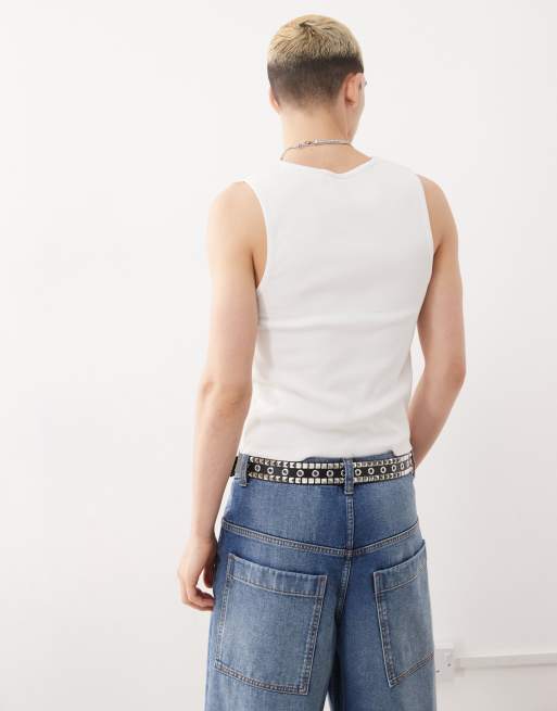 COLLUSION ribbed tank top in white with notch detail
