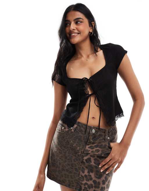 COLLUSION ribbed tie front top with lace trim in black