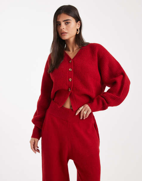 COLLUSION ribbed v-neck chunky cardi red co-ord - view 1
