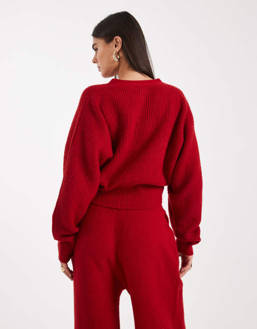 COLLUSION ribbed v-neck chunky cardigan in red - part of a set