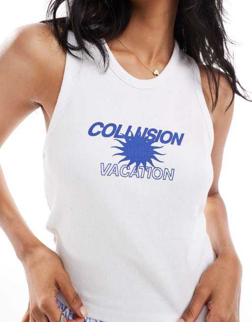 COLLUSION ribbed white vest with blue vacation graphic, 3 of 4