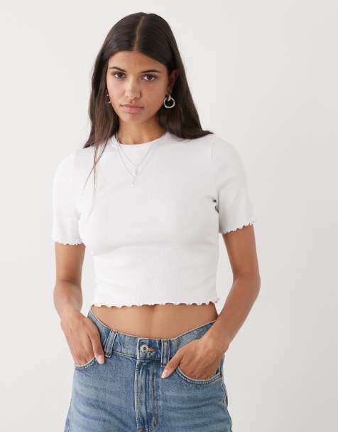 COLLUSION - Ribstrikket T-shirt med bølgekant i hvid - view 1