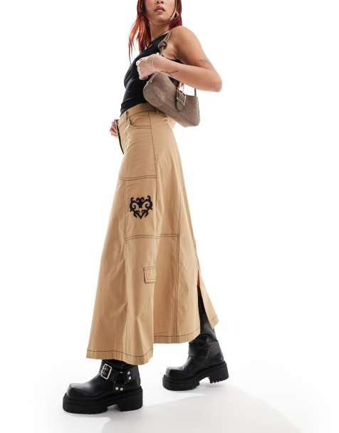 COLLUSION rip stop maxi skirt with contrast stitch and embroidery emblem in camel - view 1