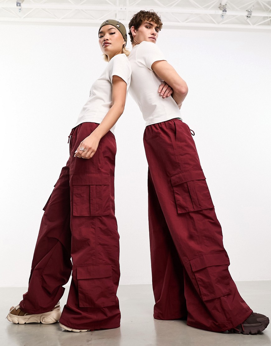 COLLUSION ripstop baggy trousers in deep red