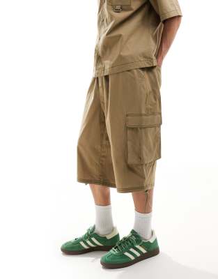 COLLUSION ripstop longline festival jorts with contrast stitch in khaki - part of a set