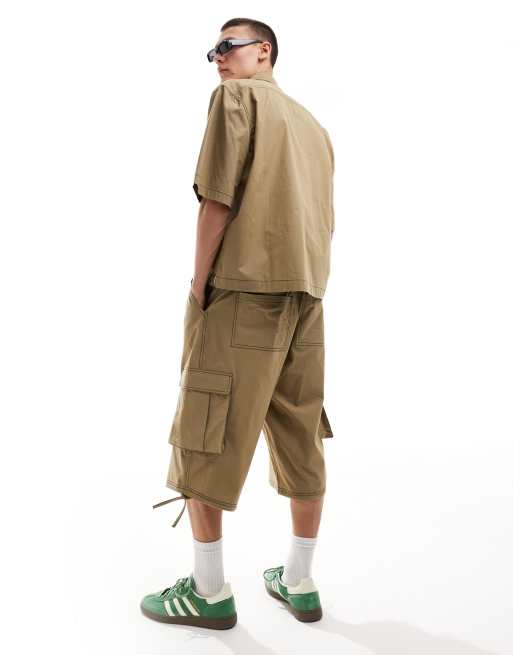 COLLUSION ripstop longline festival jorts with contrast stitch in khaki - part of a set