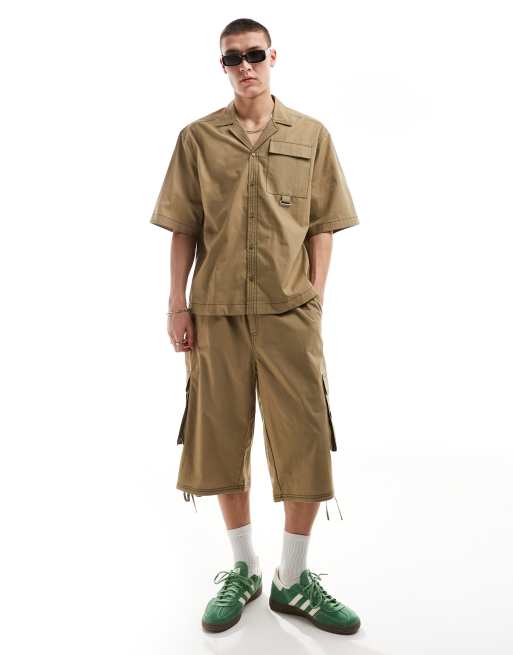 COLLUSION ripstop longline festival jorts with contrast stitch in khaki - part of a set