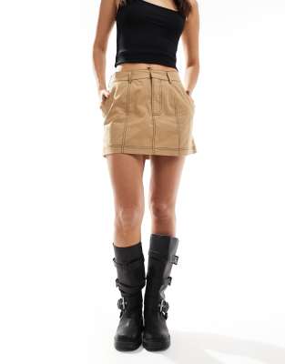 Collusion Ripstop Mini Skirt With Branding Print In Camel-neutral