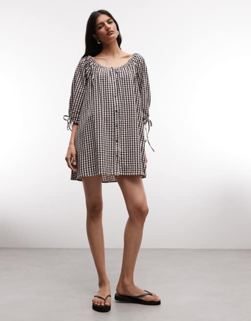 Collusion - Robe babydoll courte à manches longues et carreaux vichy - Beige et noir, 2 de 4