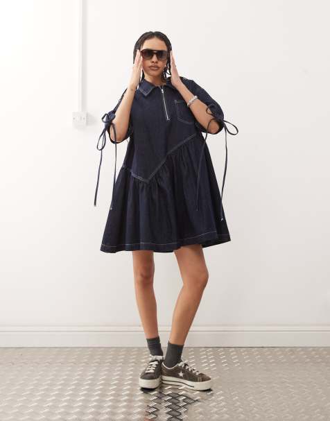 COLLUSION - Robe babydoll en jean - Délavage brut - view 1