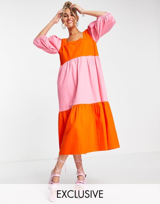 COLLUSION Robe babydoll longue effet colorblock Rouge et rose ASOS