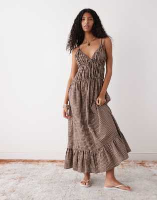 Robe caraco longue à carreaux avec détails froncés - Marron-Brown 38