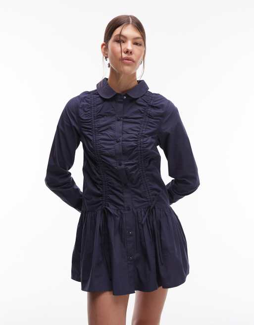 COLLUSION - Robe chemise courte à manches longues et fronces - Bleu marine, 2 de 4