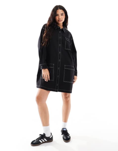 COLLUSION - Robe chemise courte en sergé à manches longues avec coutures contrastantes - Noir - view 1