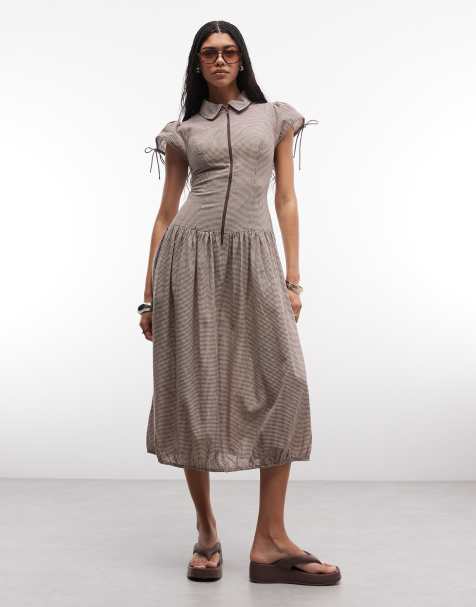 Collusion - Robe chemise mi-longue à carreaux vichy - Marron - view 1