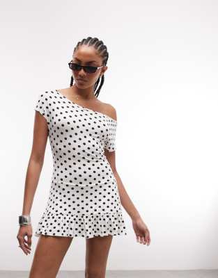 Robe courte asymétrique à pois avec taille basse - Blanc-Jaune M