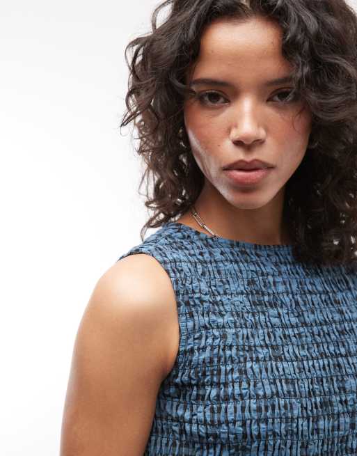 COLLUSION - Robe courte froncée à col montant - Bleu vichy, 4 de 4