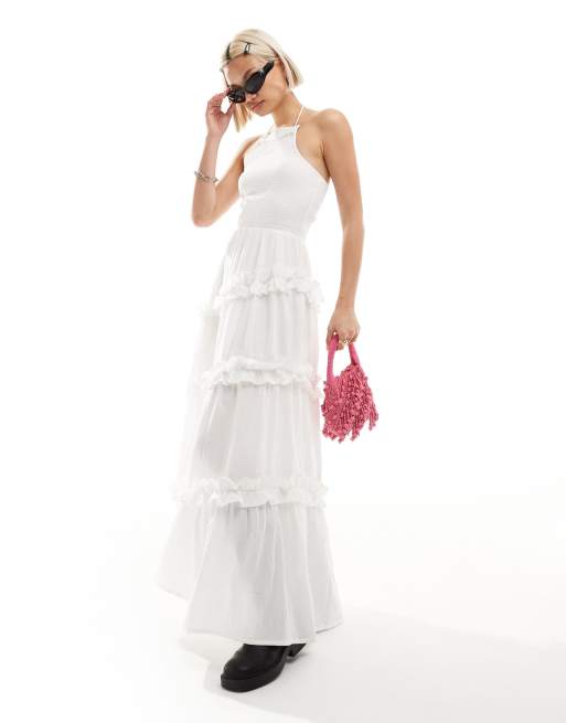 COLLUSION Robe d ete longue en coton froisse avec fonces et dos nu Blanc ASOS