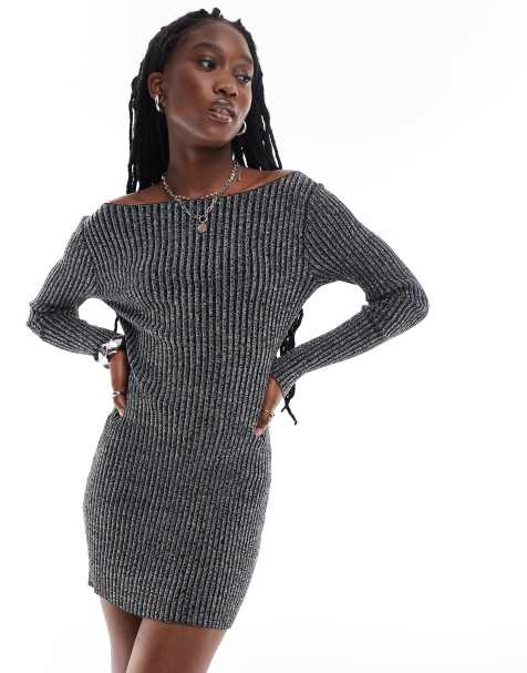 COLLUSION - Robe en maille scintillante à encolure bateau - Noir - view 1