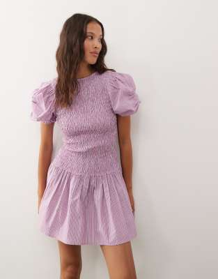 COLLUSION - Robe froncée courte à rayures et taille basse - Rose-Jaune