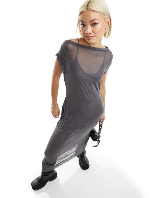 COLLUSION - Robe longue à mancherons en tulle effet froissé - Gris