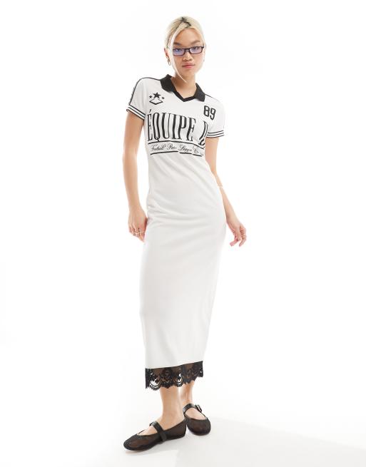 COLLUSION - Robe longue à manches courtes avec col style maillot de football - Blanc