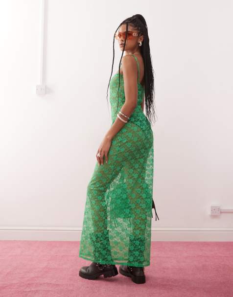 COLLUSION - Robe longue ajustée à encolure carrée en dentelle transparente - Vert - view 1
