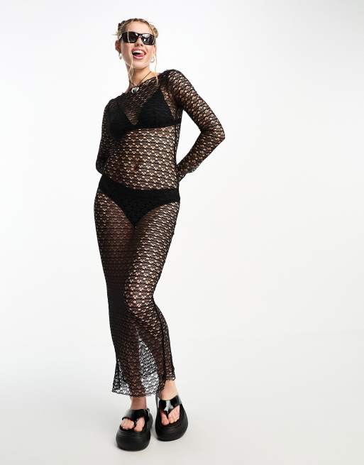 COLLUSION - Robe longue en maille crochetée avec manches longues et col bateau - Noir 