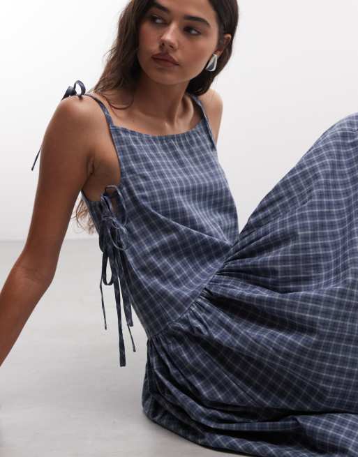 COLLUSION - Robe longue et asymétrique à carreaux avec liens noués sur les côtés - Bleu, 4 de 4