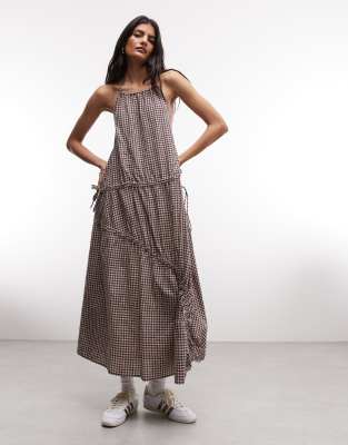 Robe mi-longue à carreaux avec encolure montante et liens - Rose 36