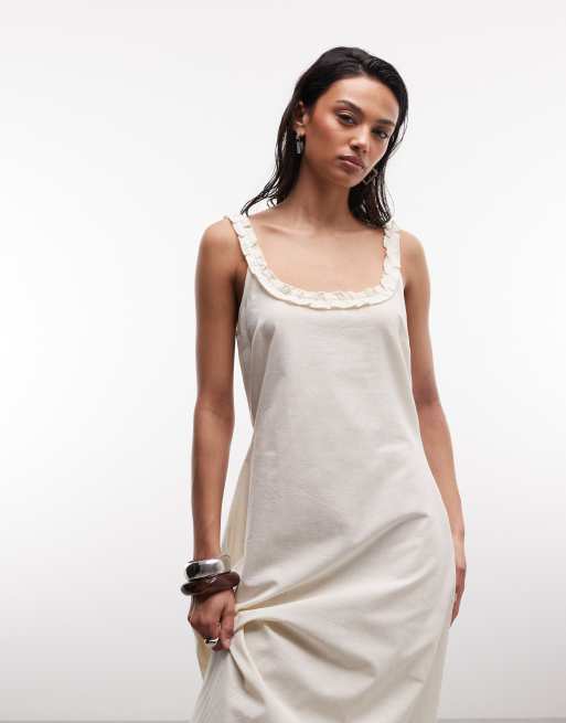 COLLUSION - Robe mi-longue à encolure carrée et volants - Grège, 2 de 4