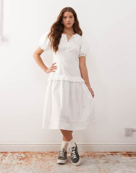 COLLUSION - Robe mi-longue à nervures et col en broderie anglaise - Blanc - view 1