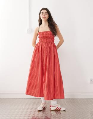 COLLUSION - Robe mi-longue avec top froncé - Rouge rayé - view 1
