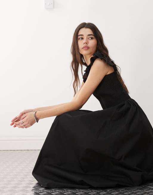 COLLUSION - Robe mi-longue tissée à bretelles froncées - Noir, 2 de 4