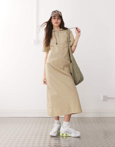COLLUSION - Robe trapèze longue à capuche style sportif - Taupe - view 1