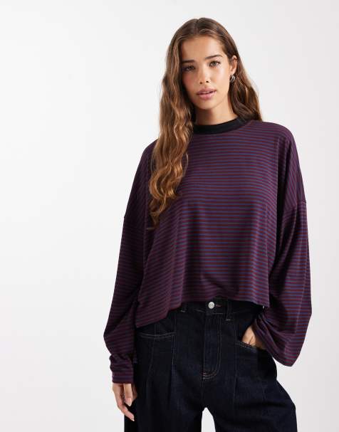 COLLUSION – Röd och blå, randig t-shirt i oversize med långa ärmar och kontrastfärgad krage - view 1