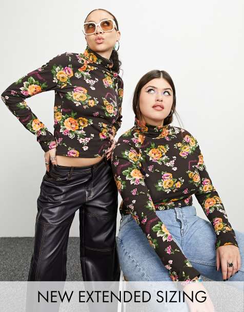 COLLUSION roll neck floral top in brown  - view 1