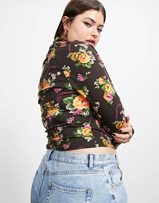 COLLUSION roll neck floral top in brown , 2 of 4