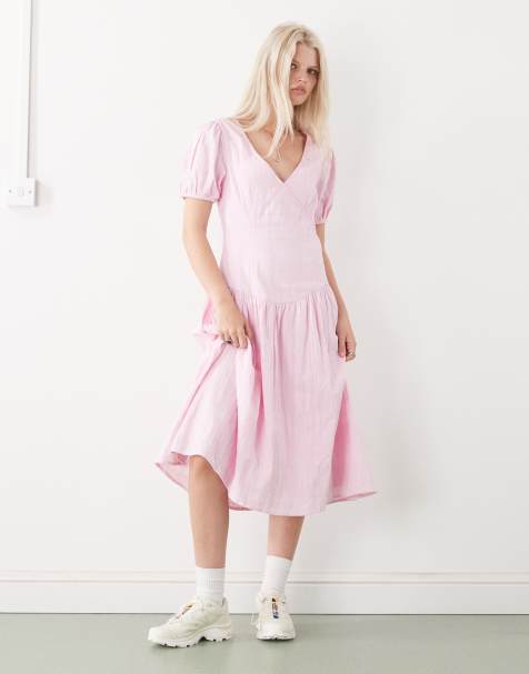 COLLUSION drop waist puff sleeve maxi dress in pink