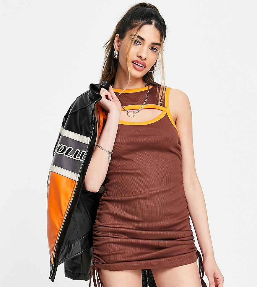 COLLUSION ruche side cut out mini dress in brown