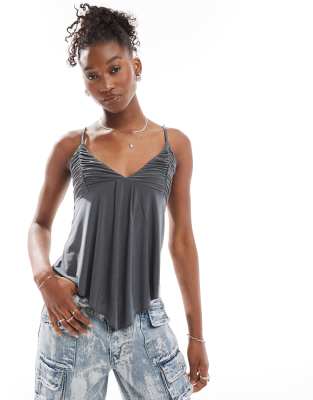 COLLUSION ruched bust slinky asymmetric hem cami top-Grey