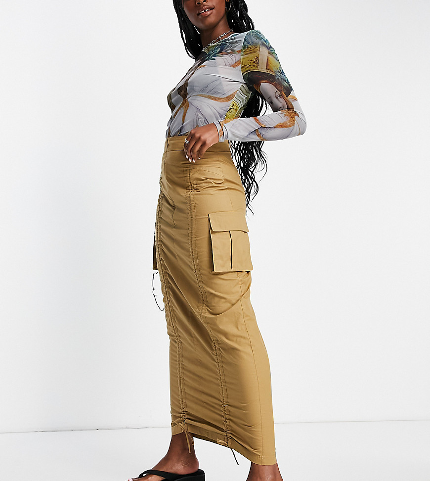 COLLUSION ruched cargo maxi skirt in tobacco-Brown